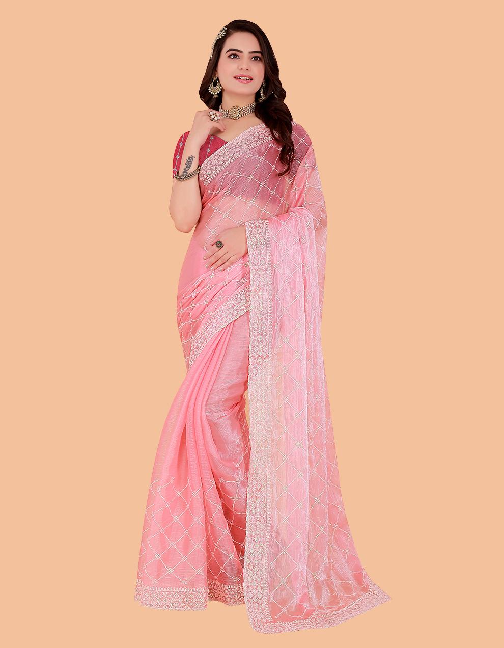 PEACH Organza Saree for Women With Blouse SD29123