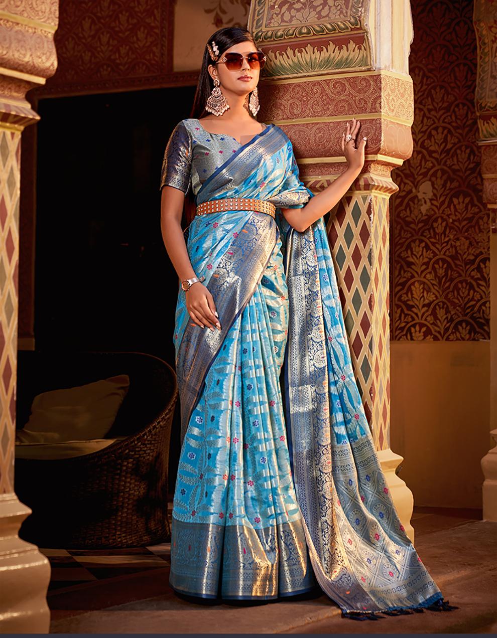 Blue Tissue Silk Saree for Women With Blouse SD27543