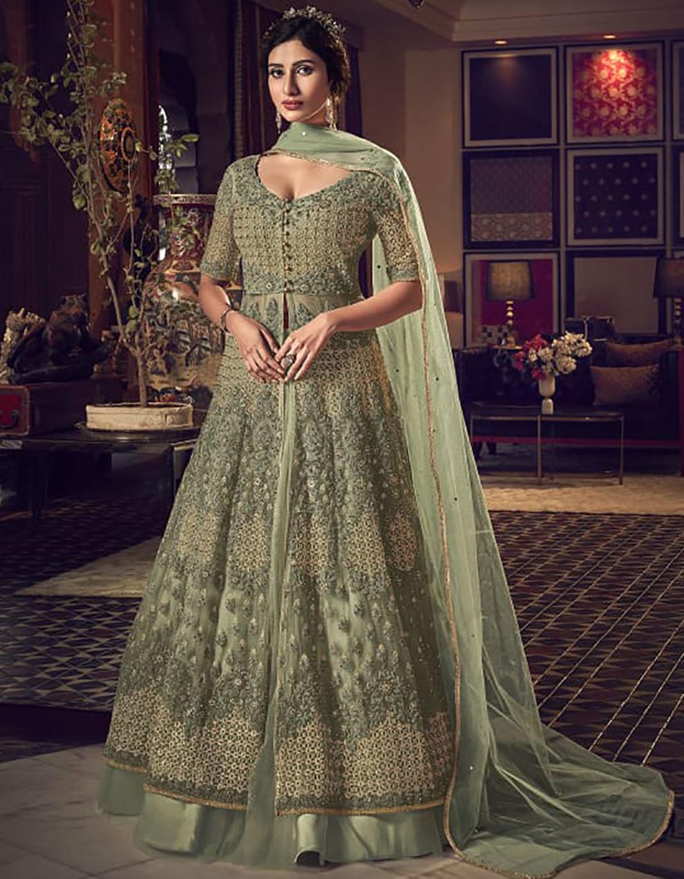 Green Net Jacket Style Suit with Heavy Embroidery Work SAF8678