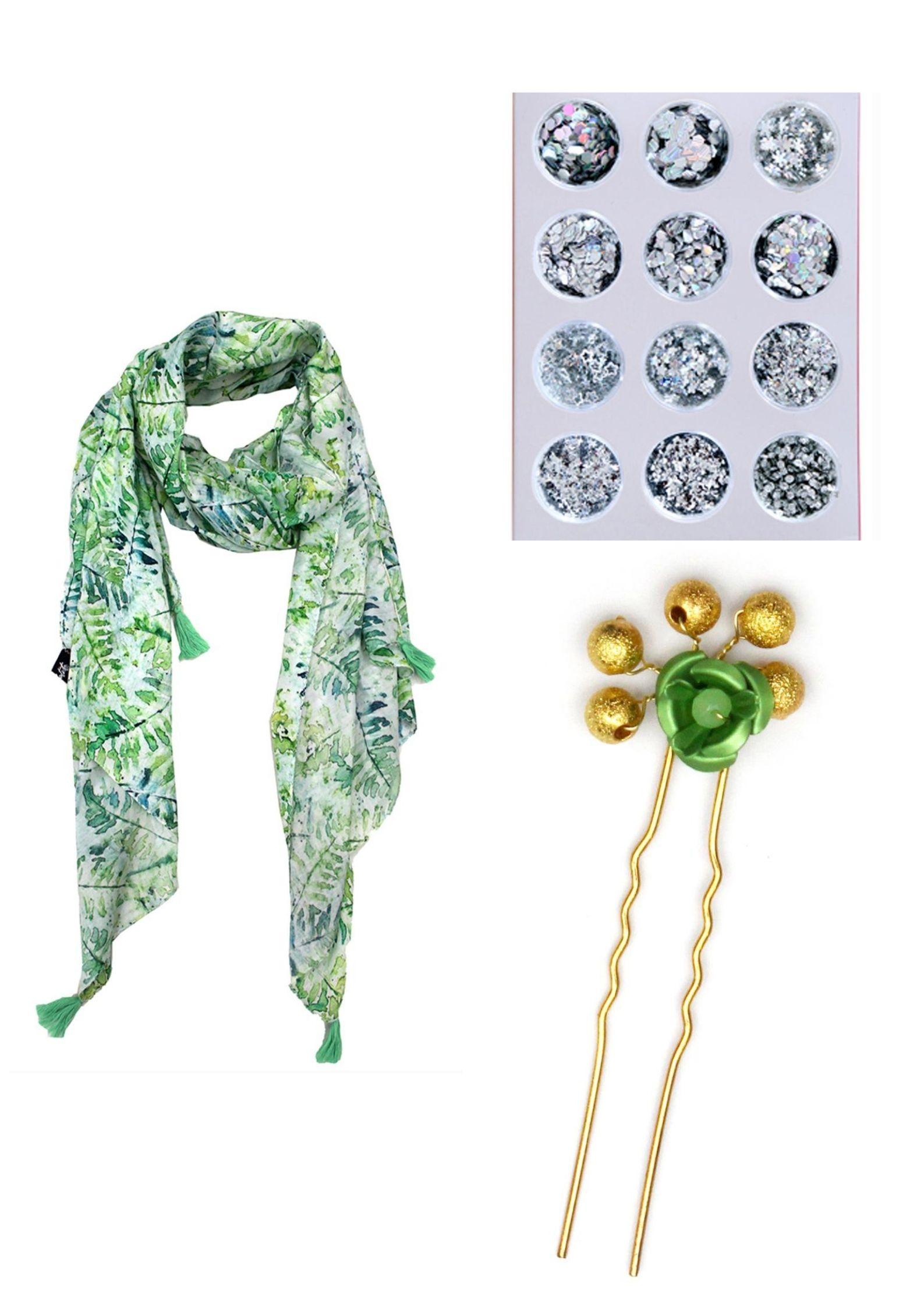 Green Muslin Printed Scarf combo with Nail Art Glitter (set of 12)and Hair Pin for Women SCB12