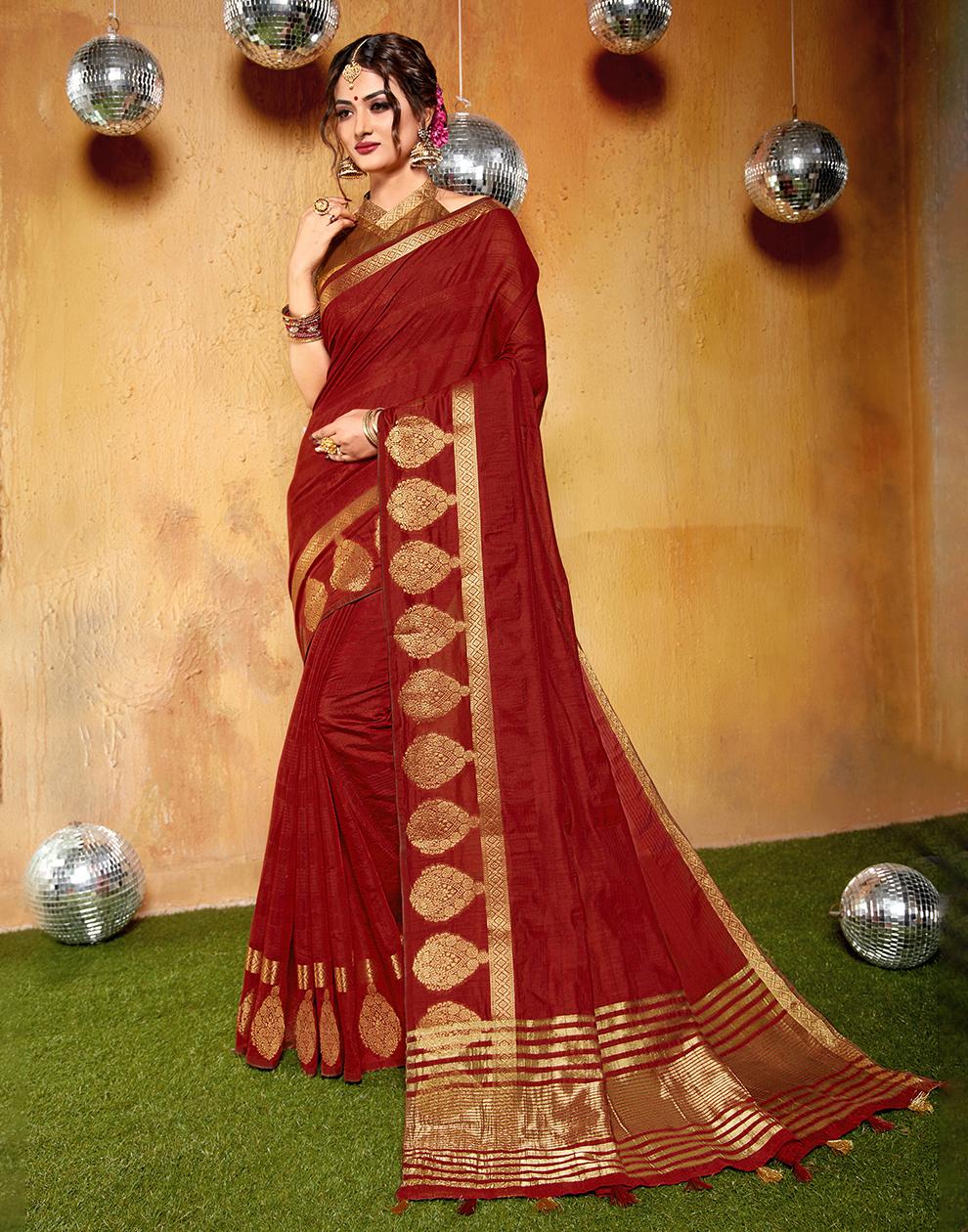 Red Chanderi Cotton Saree With Blouse MK25989