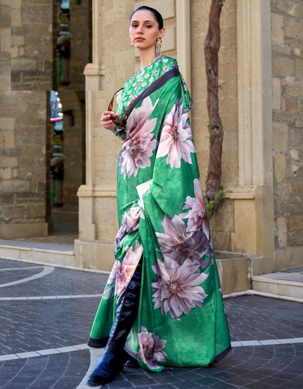 green Satin Crepe Saree for Women With Blouse SD28857