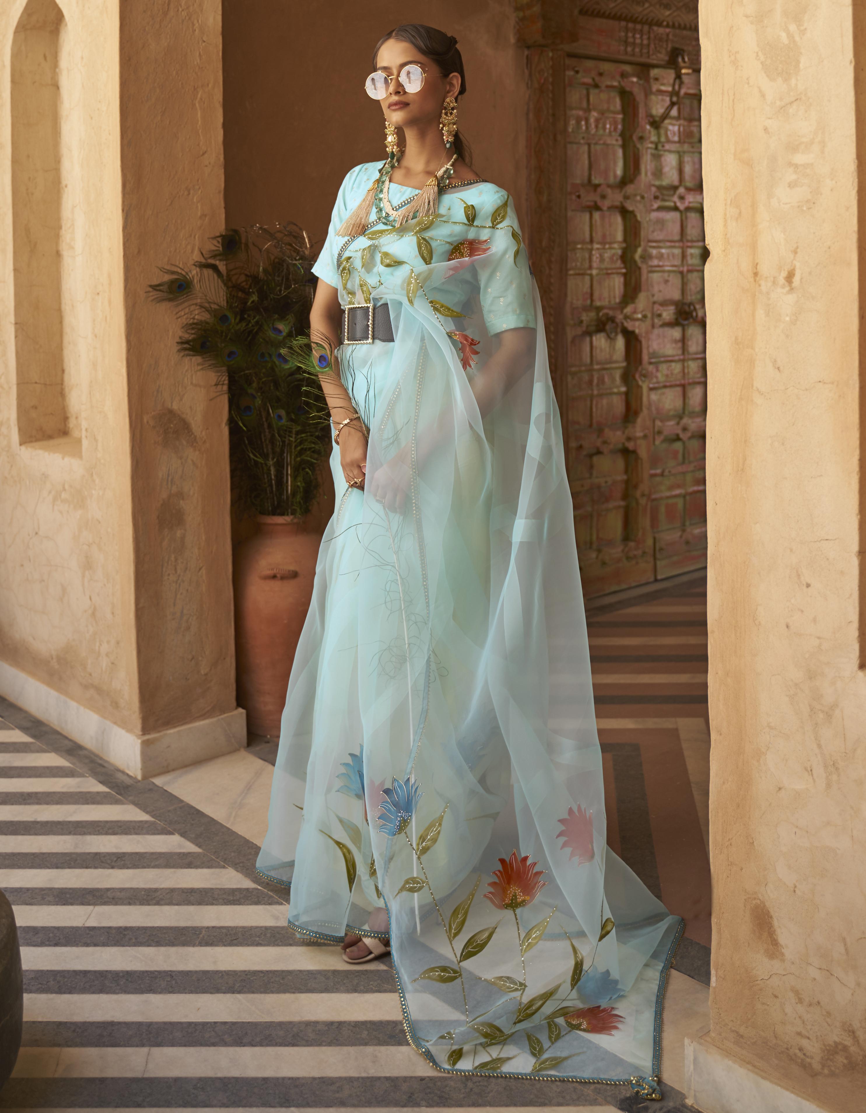 Sky Blue Organza Festive wear Saree for Women With Blouse SD27156