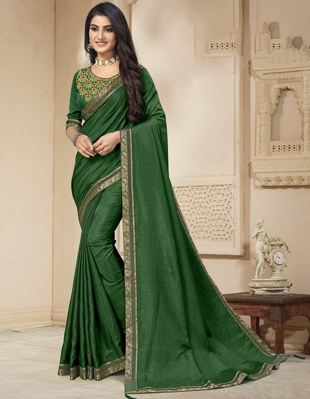 Green Vichitra Silk Saree With Blouse IW27051