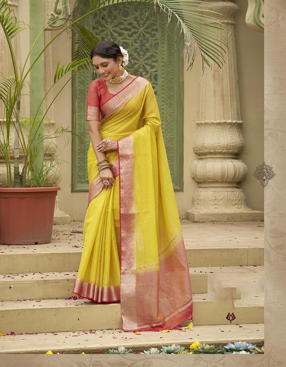 Yellow Tussar Silk Saree for Women With Blouse SD27319