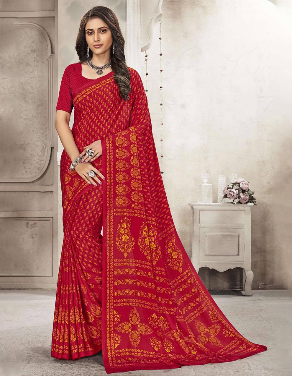 Red Crepe Saree With Blouse MK25964