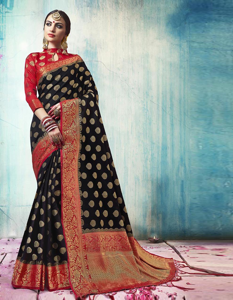 Black And Red Nylon Silk Saree With Blouse SD18361