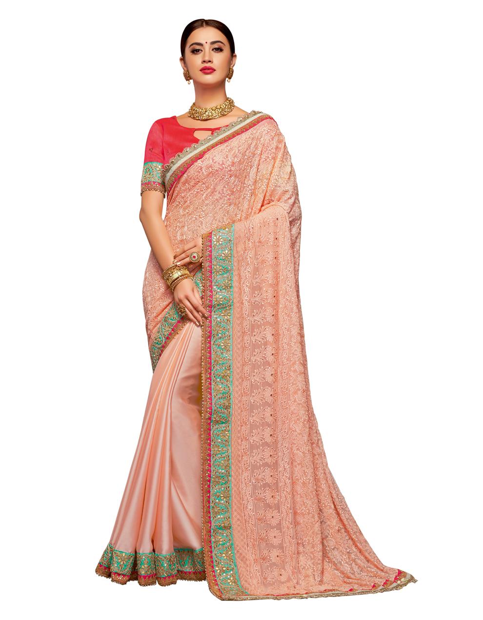 Peach Satin georgette And georgette Saree With Blouse MH23161