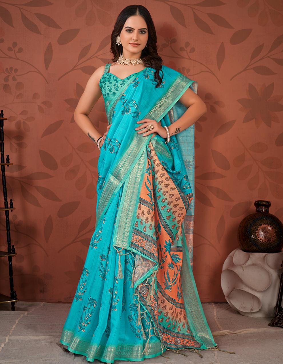Blue SOFT COTTON Saree for Women With Blouse SD28603