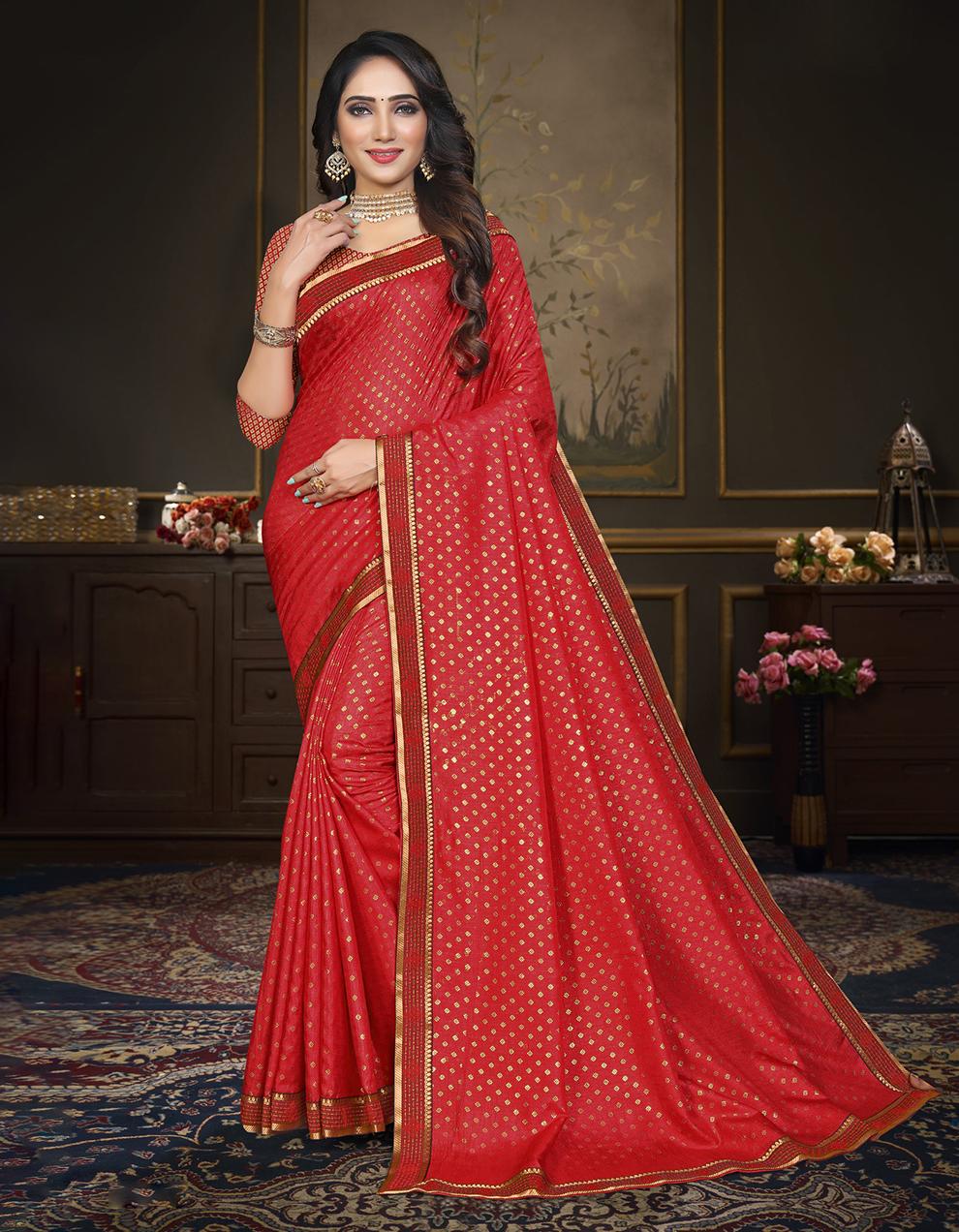 Red Vichitra Silk Saree With Blouse IW26958