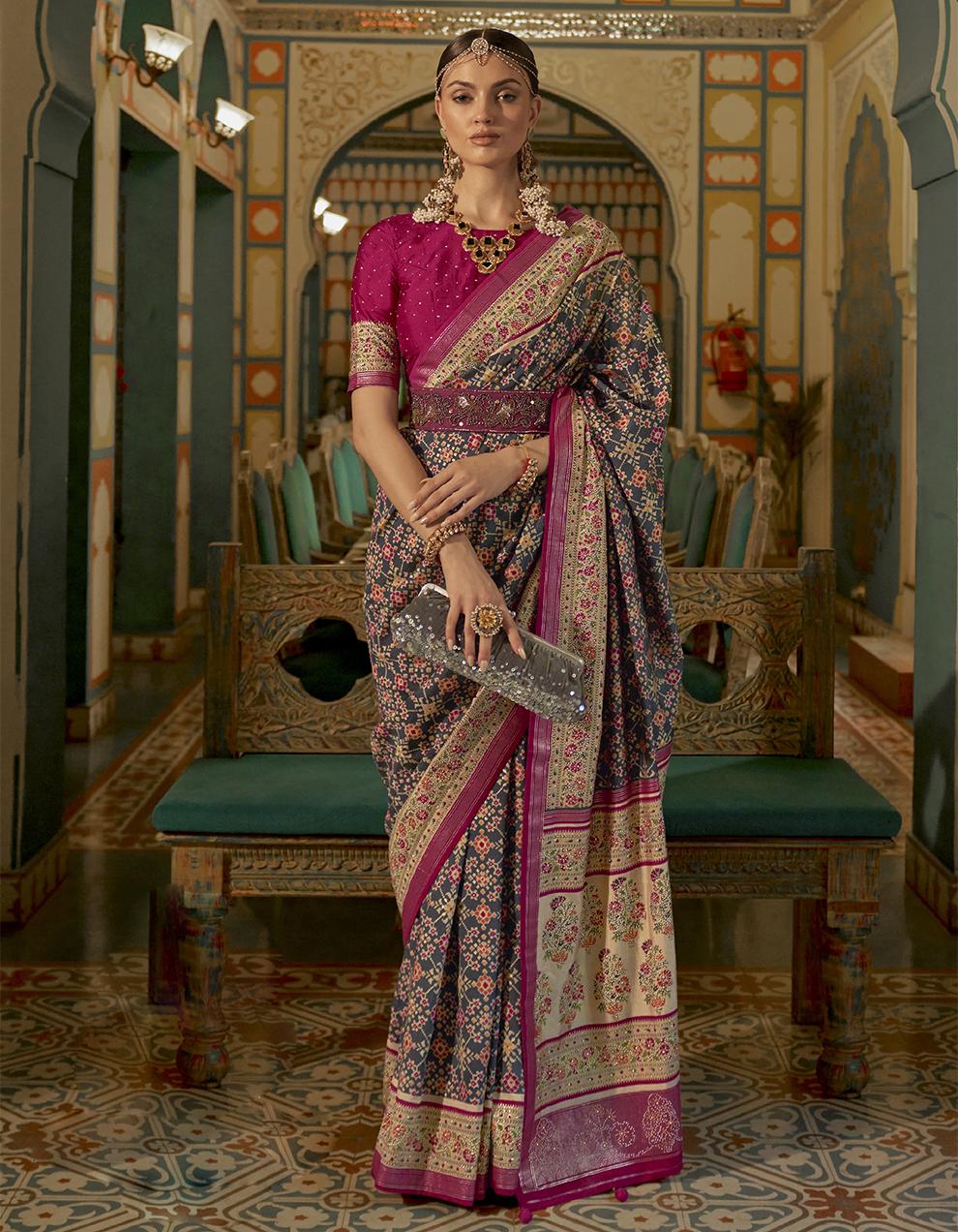 Grey Silk Patola Saree for Women With Blouse SD27786