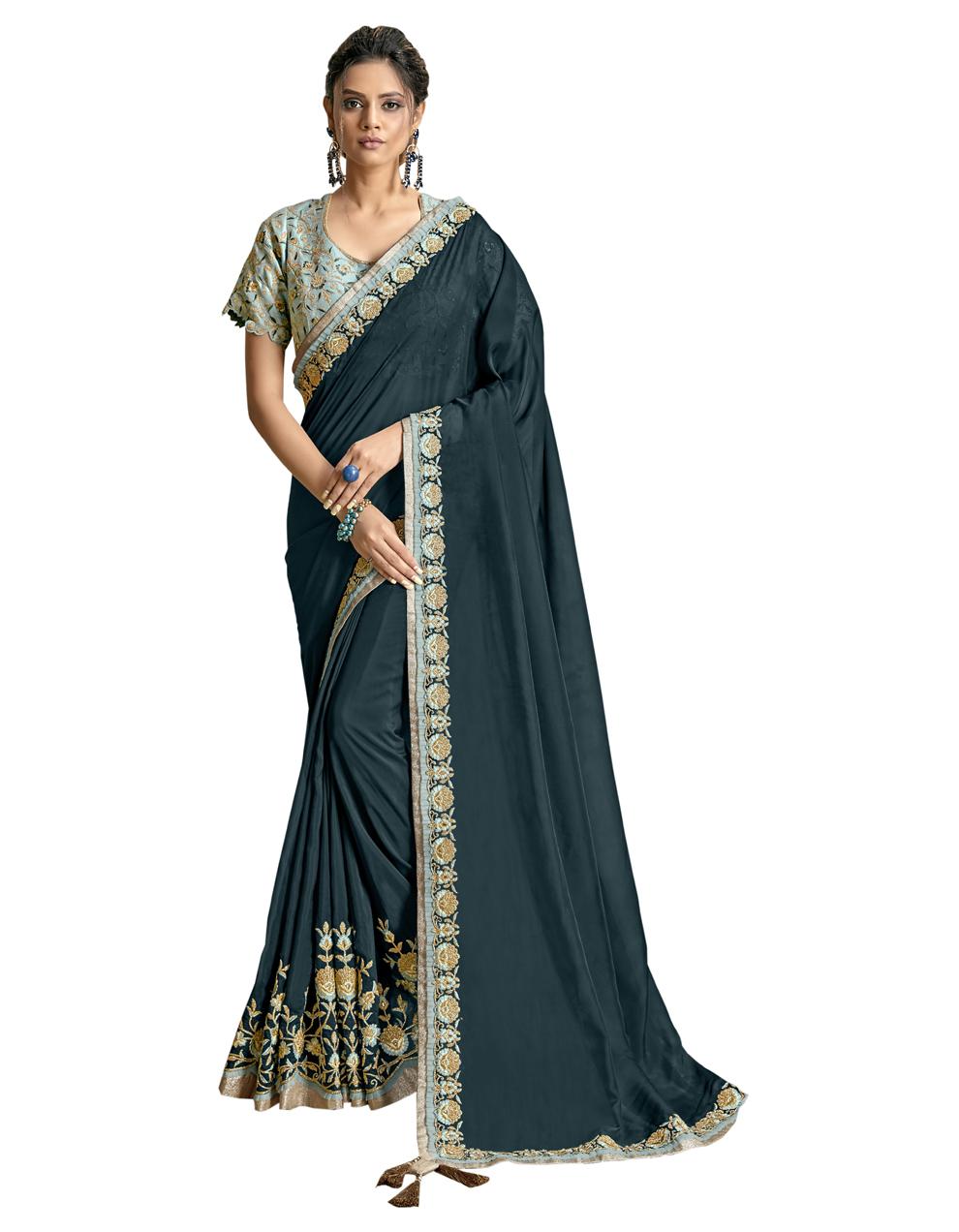 Teal Blue Satin Georgette Saree With Blouse MH23946