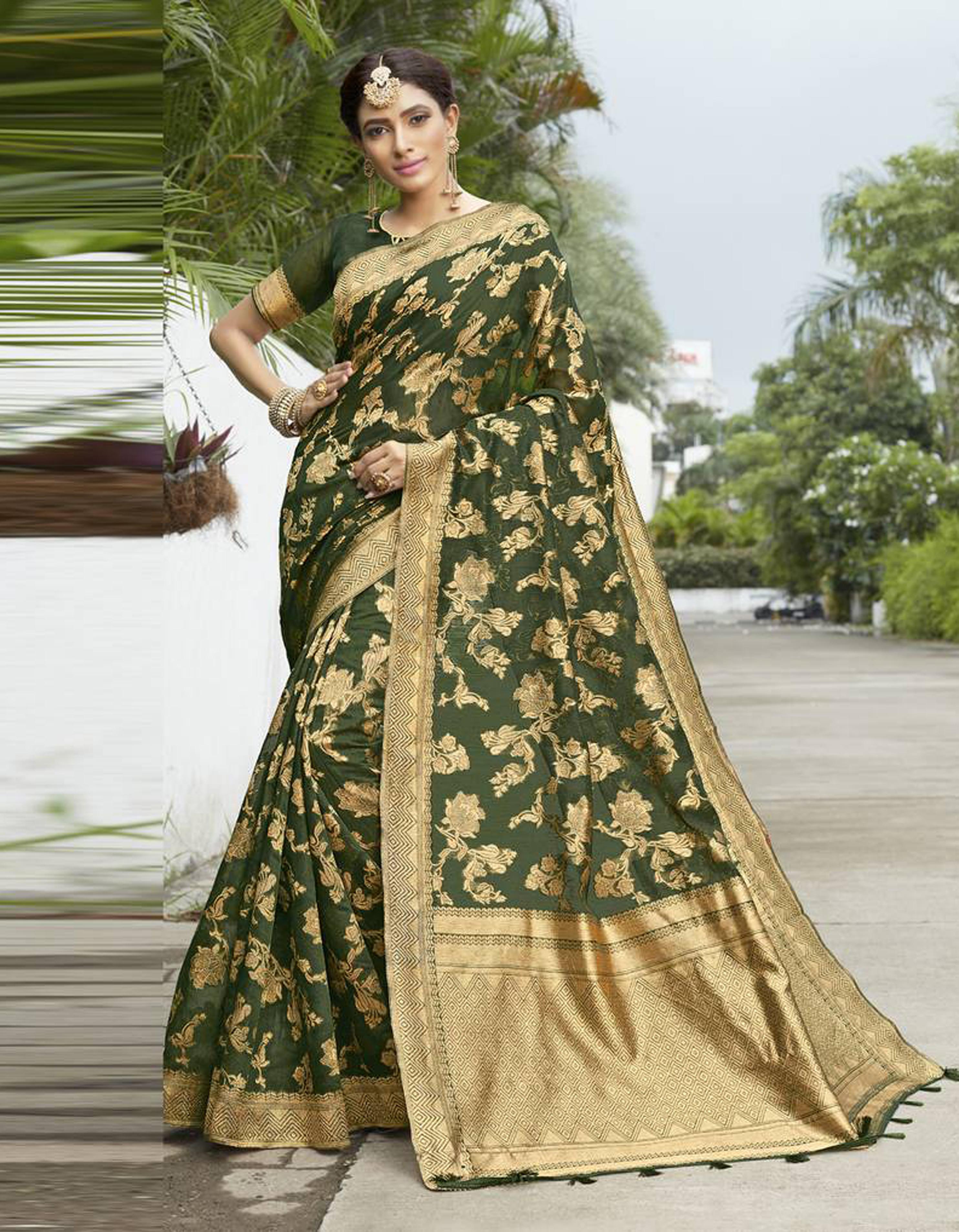 Green Banarasi Cotton Saree With Blouse SM22408