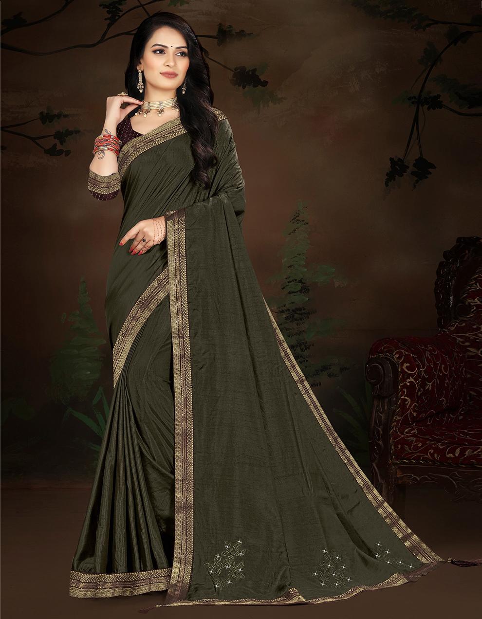Olive Green Vichitra silk Saree With Blouse IW24815