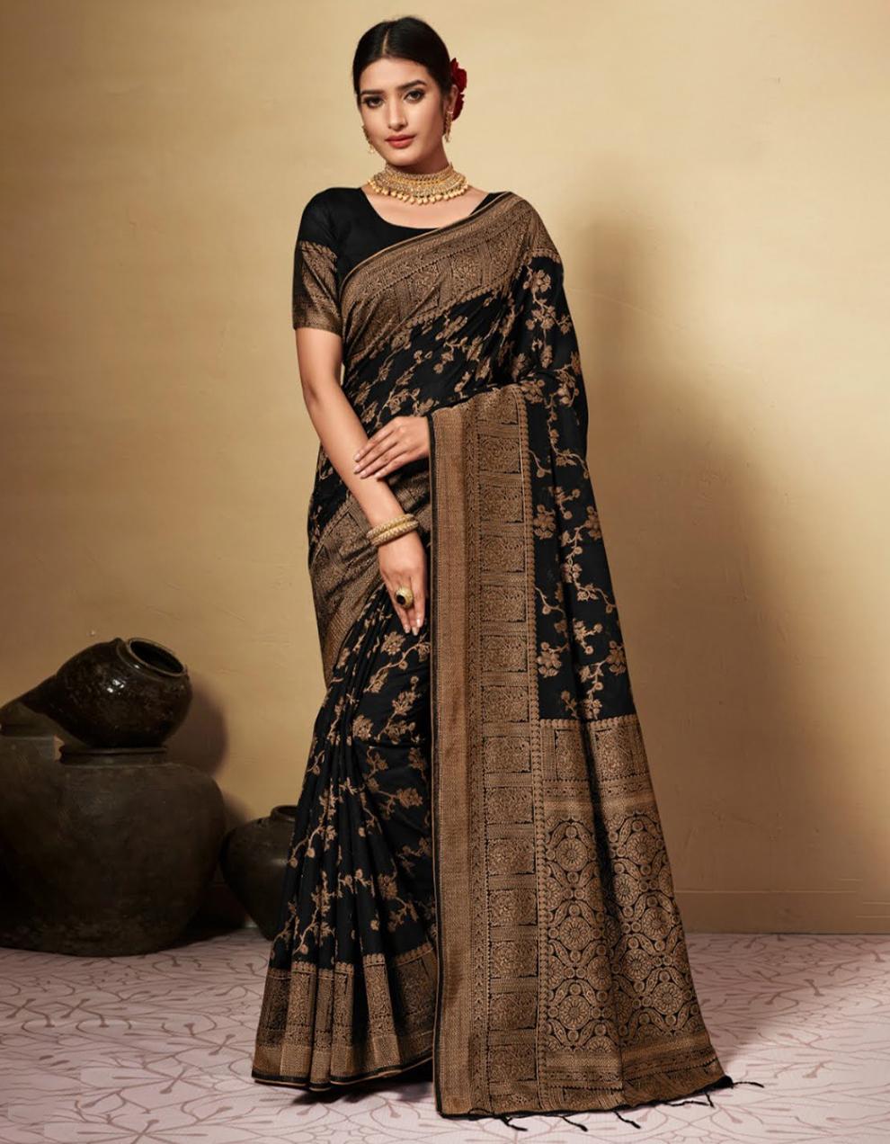 Black Chanderi Cotton  Saree With Blouse MK26013