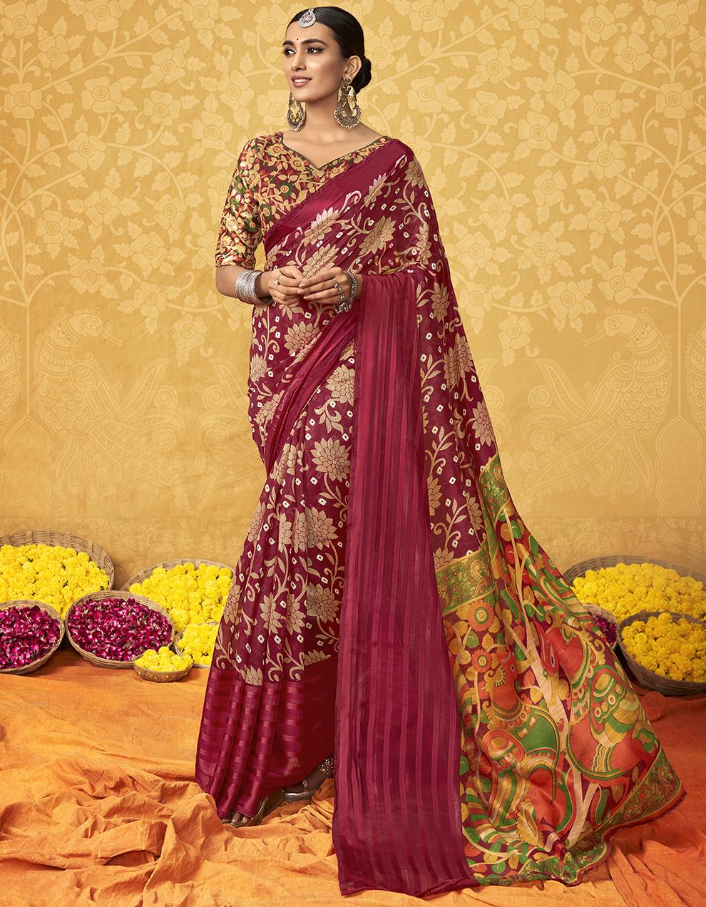 Red Cotton Satin Saree With Blouse SD26079