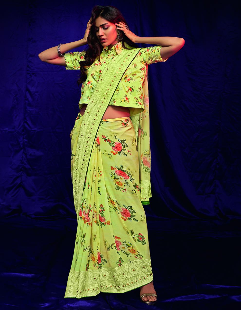 Pista Green Pure Georgette Saree With Blouse SD26096