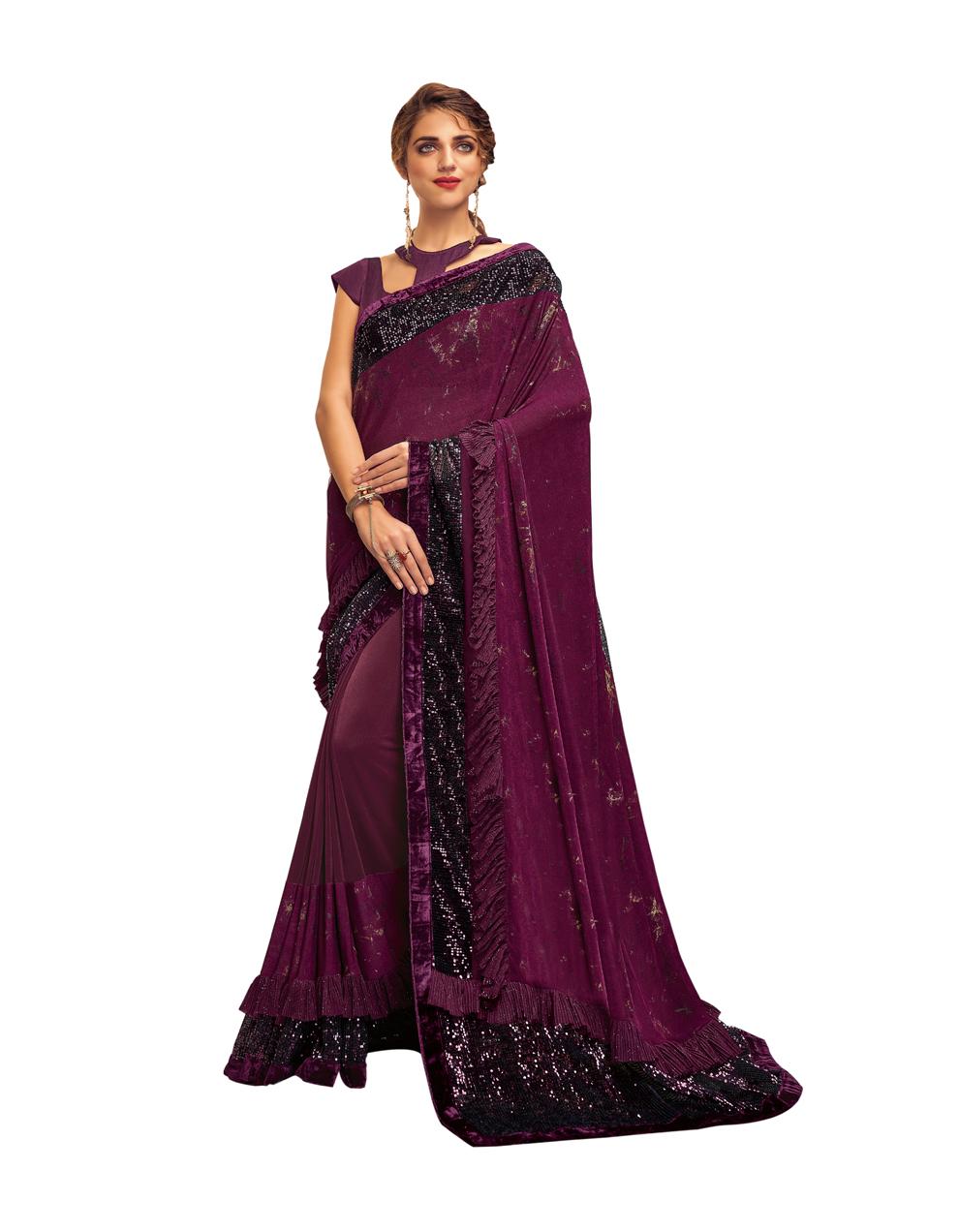wine Lycra Saree With Blouse MH23203