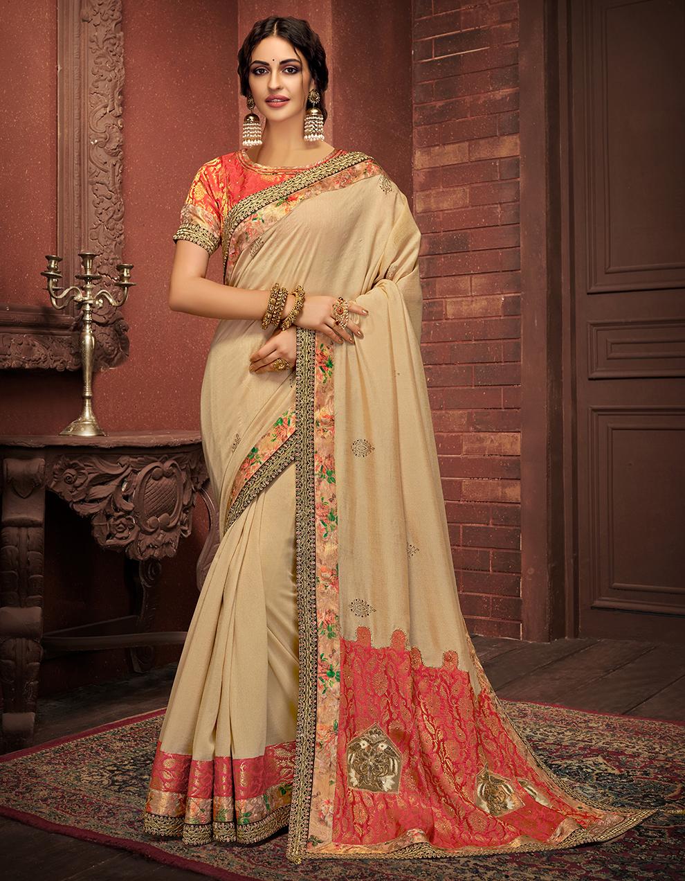 Cream Silk Georgette And Brocade Saree With Blouse MH21293