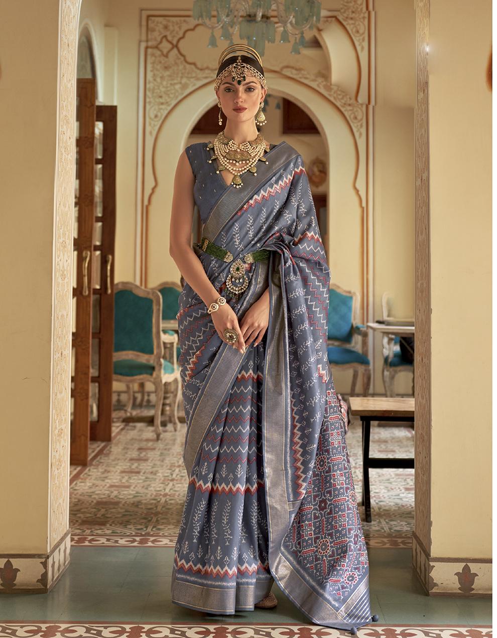 Grey Silk Patola Saree for Women With Blouse SD27770