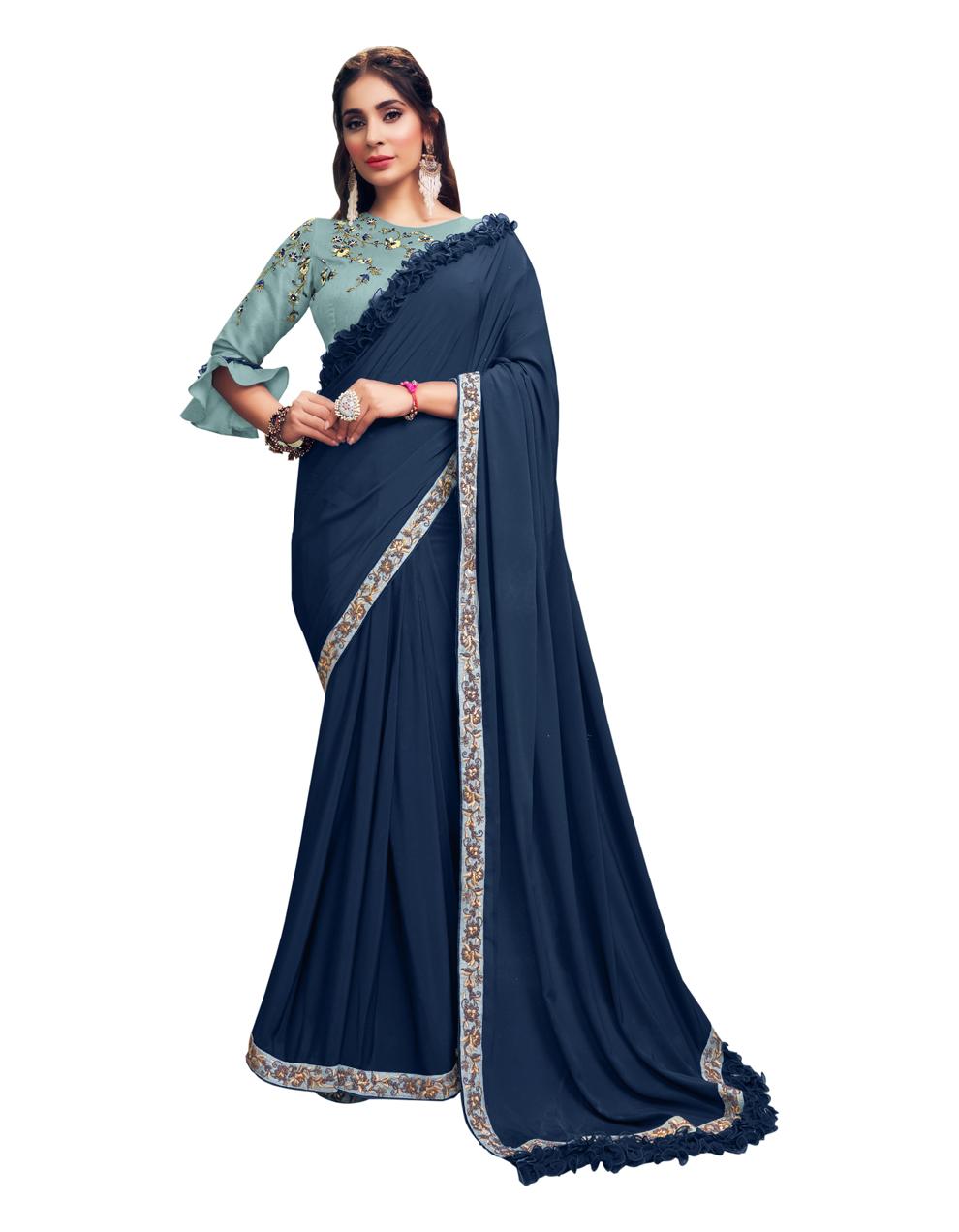 Royal Blue Silk georgette Saree With Stitched Blouse MH23235