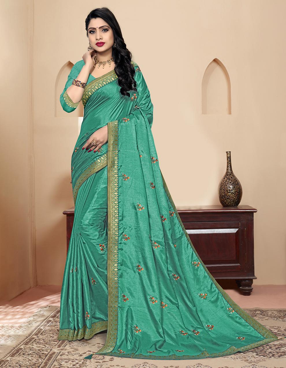 Turquoise Green Vichitra Silk Saree With Blouse IW26991