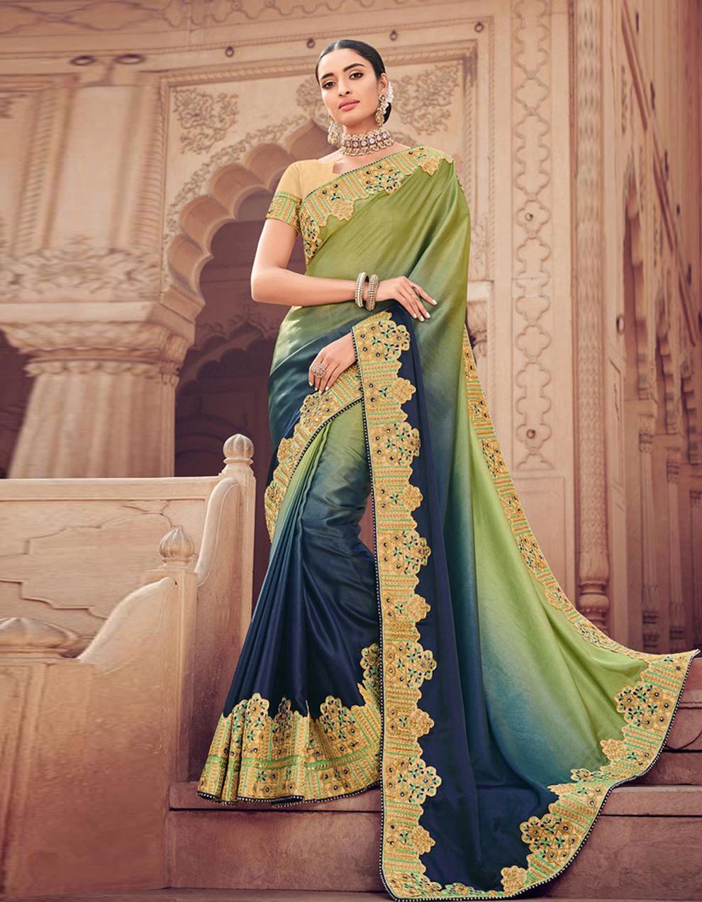 Green And Violet Two Tone Satin Saree With Blouse IW19777