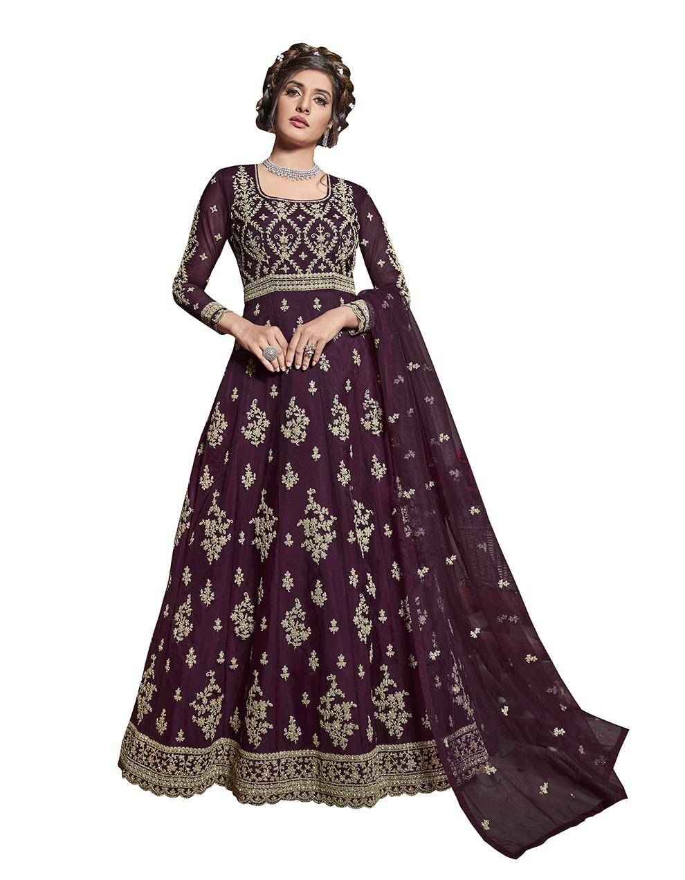 Wine Net Anarkali Suit with Heavy Embroidery Work SAF8657
