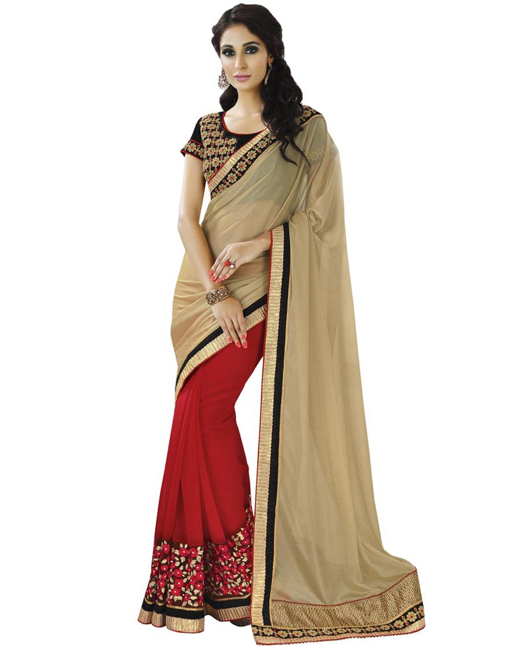 Beige And Red Lycra Saree With Blouse IW9516
