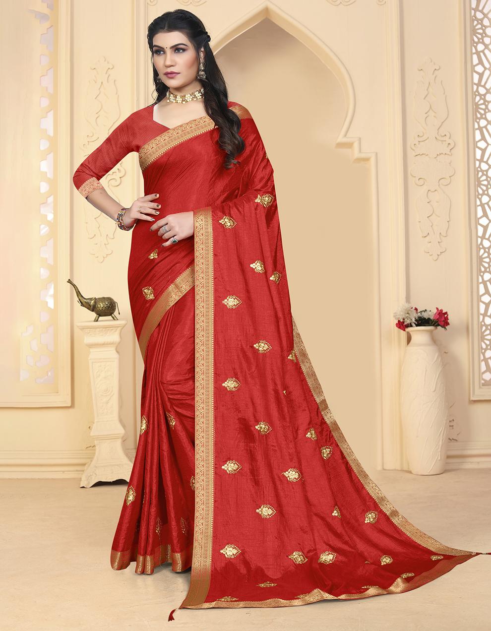 Red Vichitra Silk Saree With Blouse IW26950