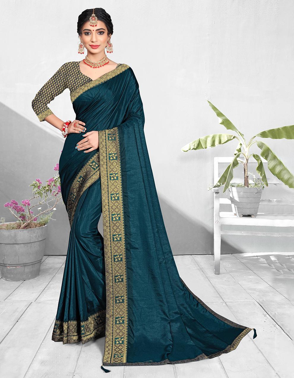 Teal Blue Vichitra silk Saree With Blouse IW24801