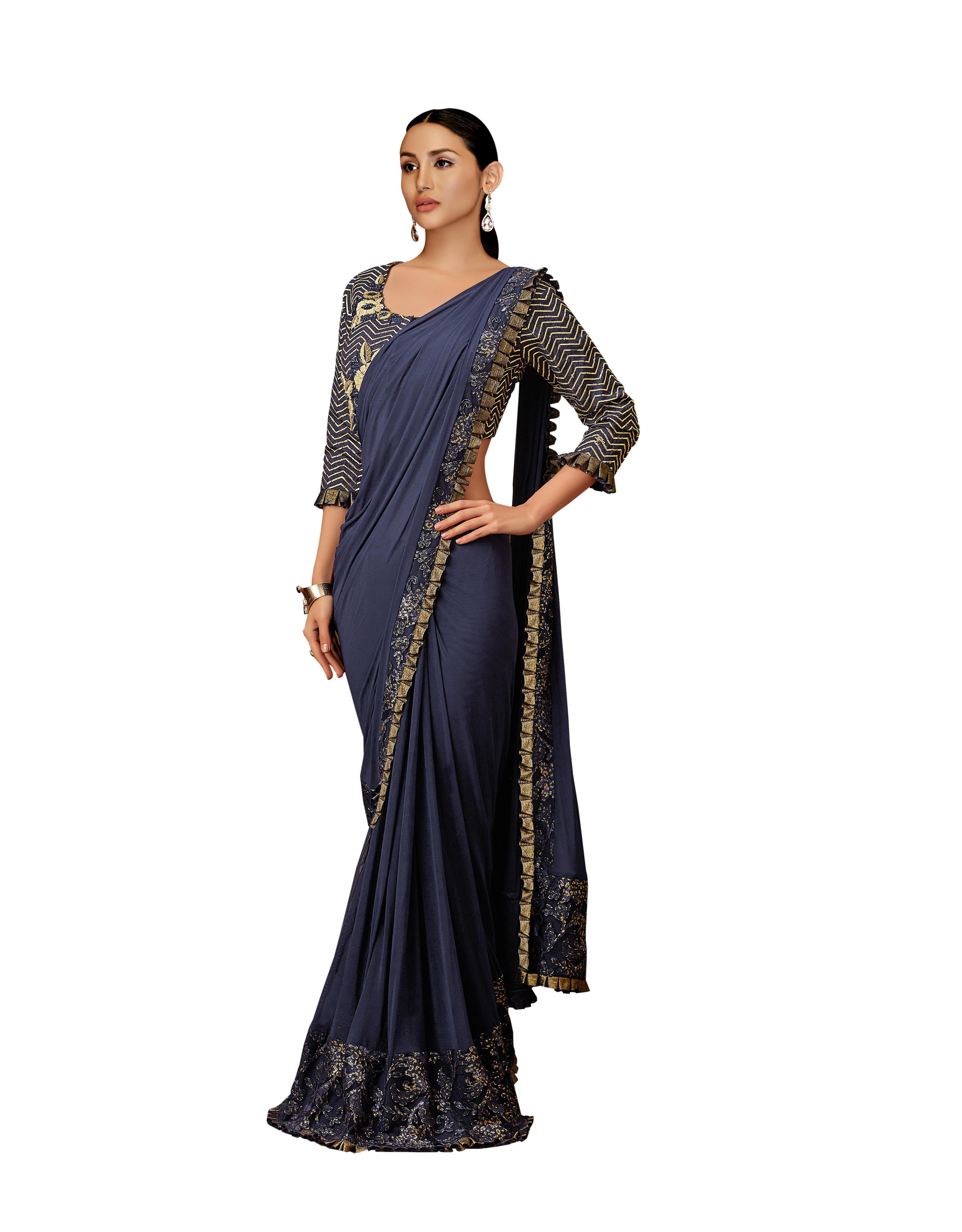 Blue Lycra And Net Saree With Blouse MH22548