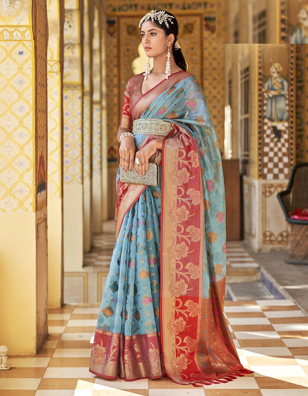 Blue Tissue Silk Saree for Women With Blouse SD27567