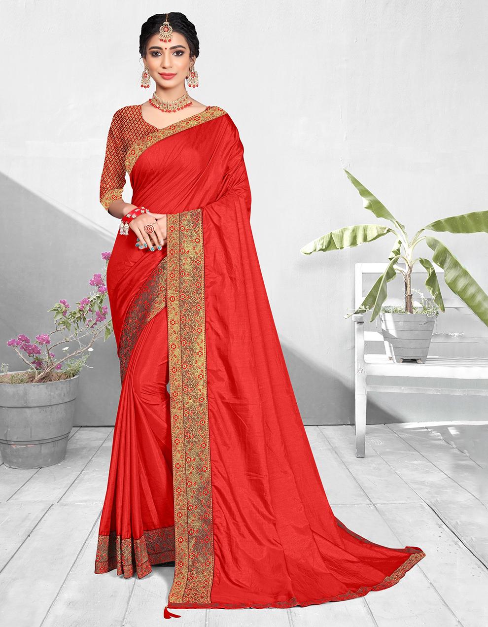 Red Vichitra silk Saree With Blouse IW24800