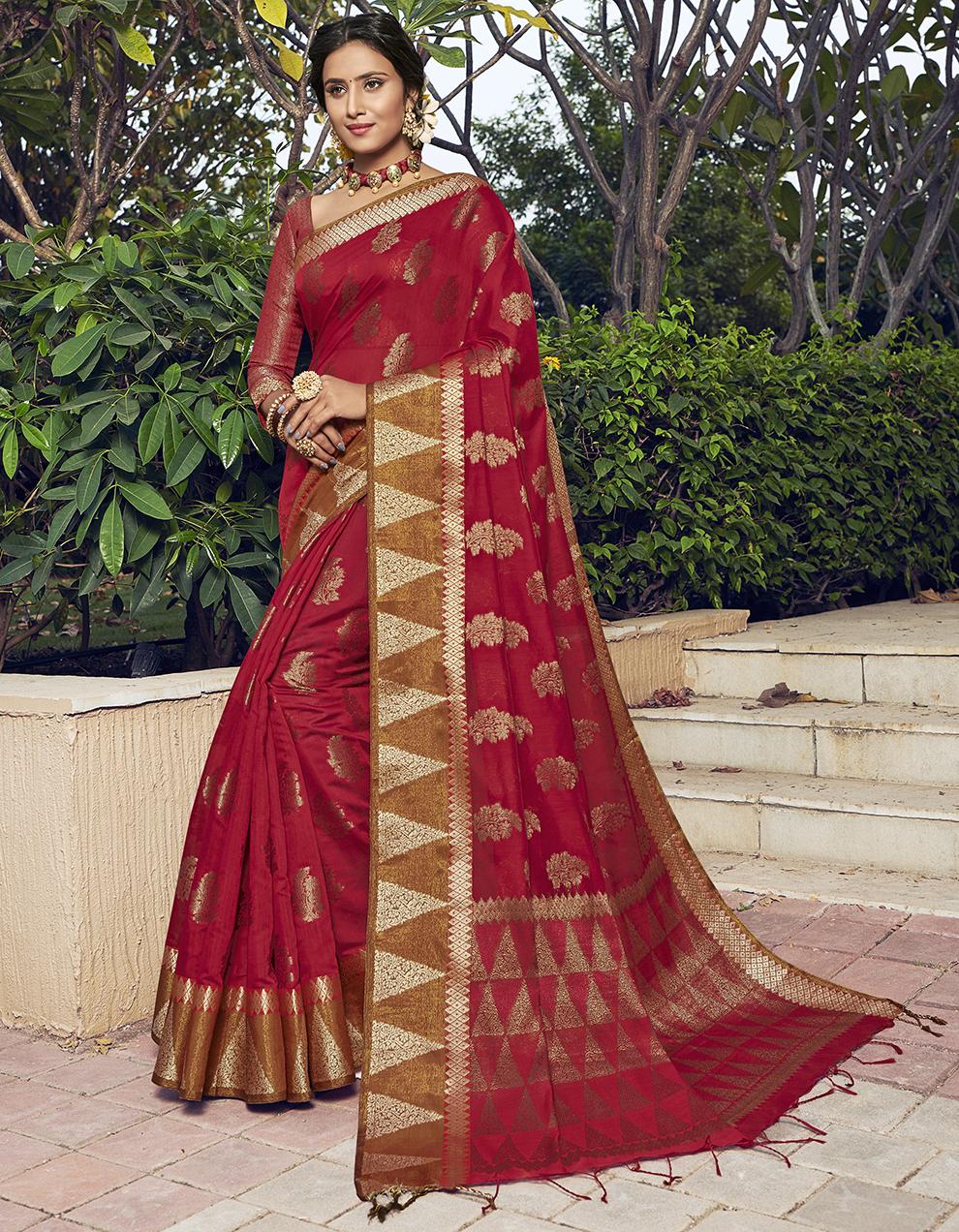 Red Chanderi Cotton Silk Saree With Blouse MK25652