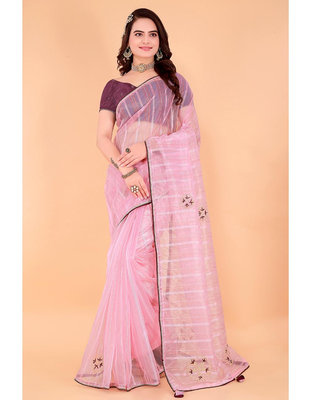 PINK Organza Saree for Women With Blouse SD29105