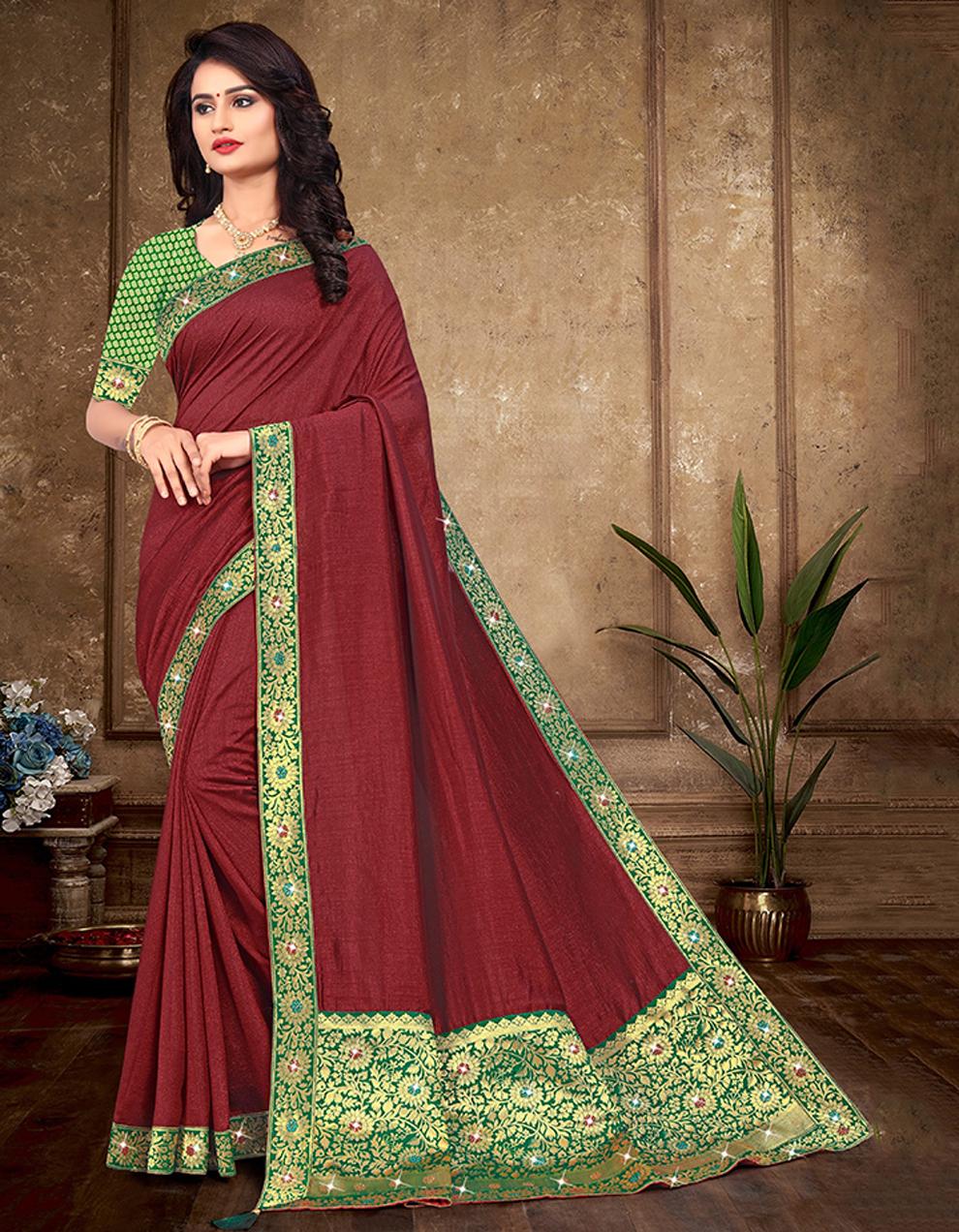 Maroon Vichitra silk Saree With Blouse IW24319