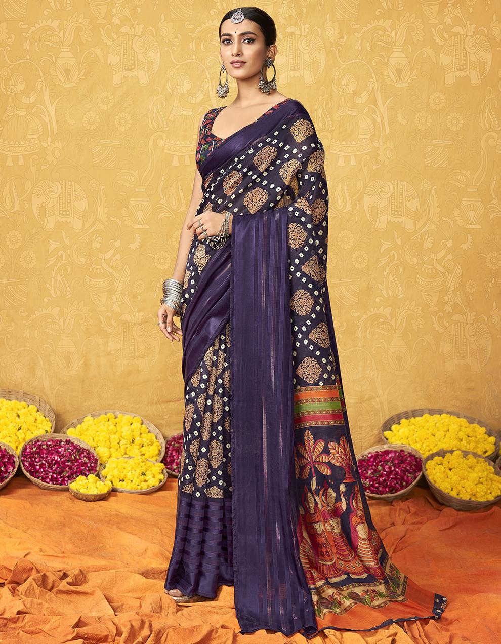 Purple Cotton Satin Saree With Blouse SD26077