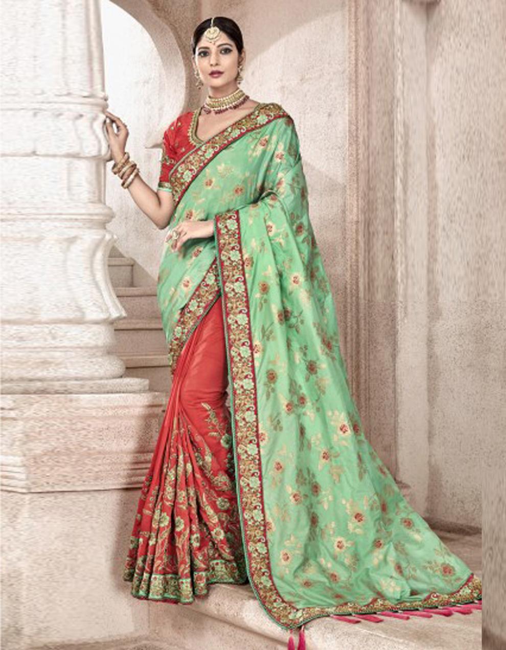 Green And Orange Dyed Weaving Silk Saree With Blouse SD18976