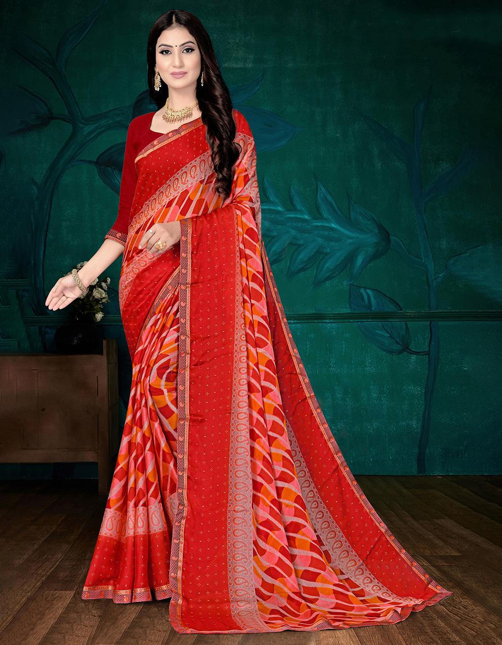 Red Moss Chiffon Saree With Blouse IW24775