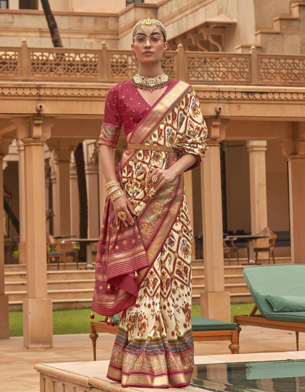 Beige Silk Patola saree for Women With Blouse SD27706