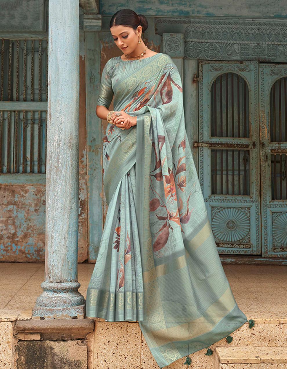 Green Linen Saree for Women With Blouse SD27795