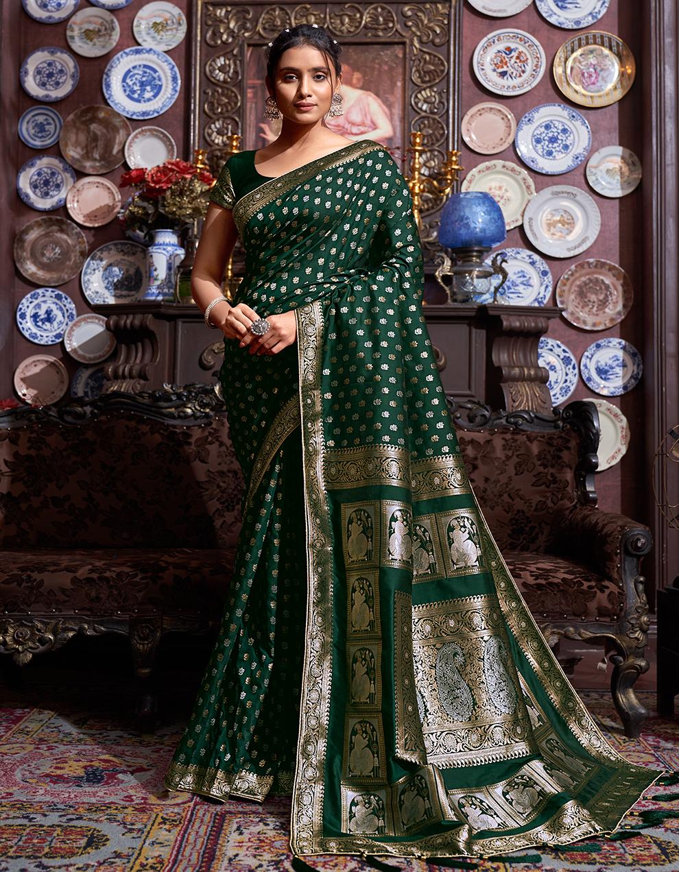 Dark Green Banarasi Silk Saree for Women With Blouse SD27138