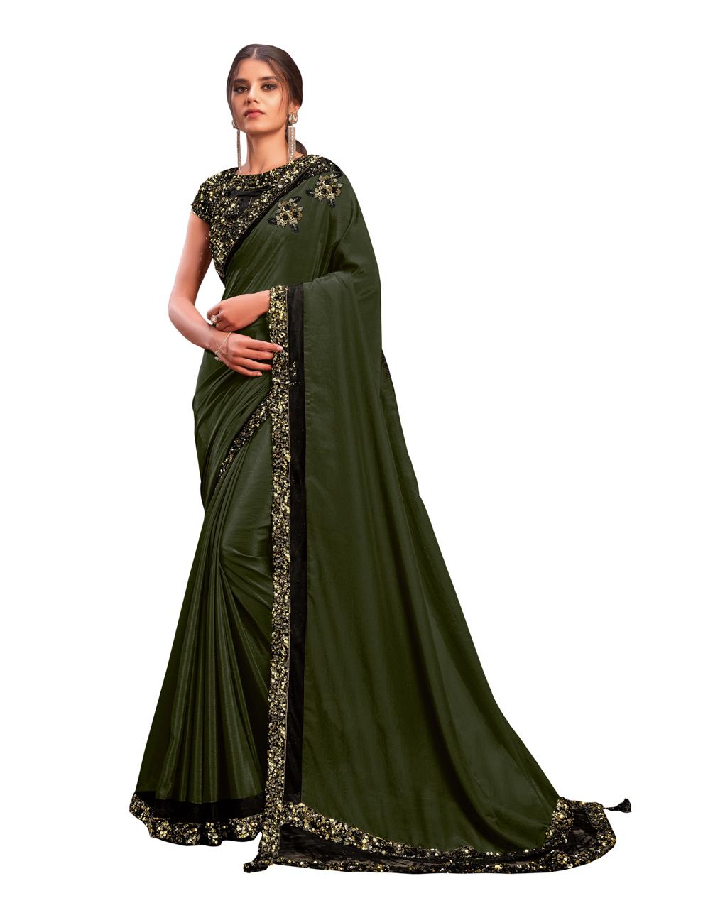 Olive Green Silk Georgette Saree With Stitched Blouse MH23974