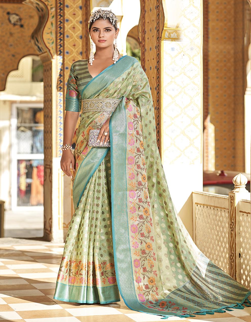 Green Tissue Silk Saree for Women With Blouse SD27561