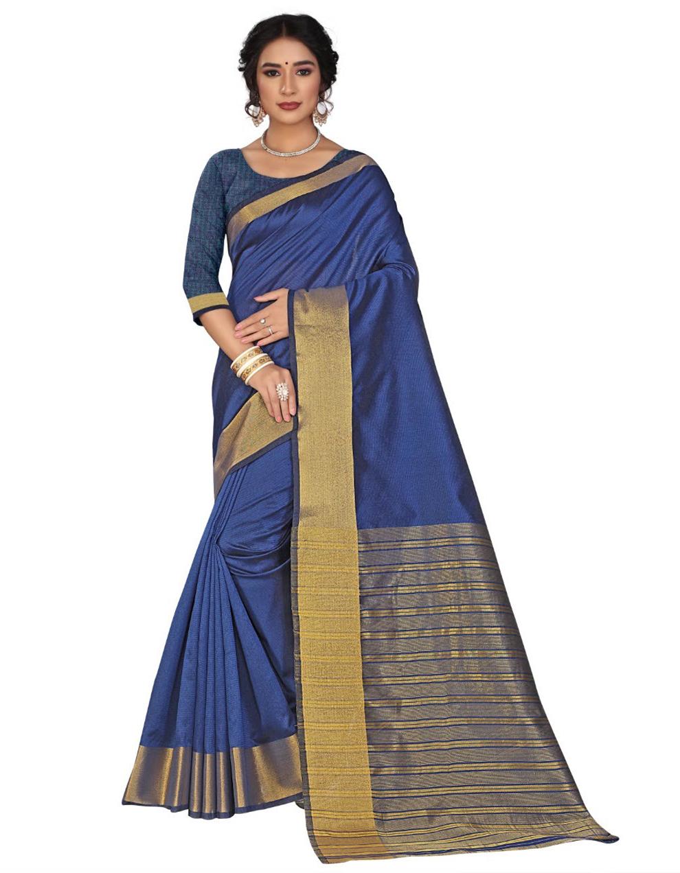Blue Cotton Silk Saree With Blouse MK25304