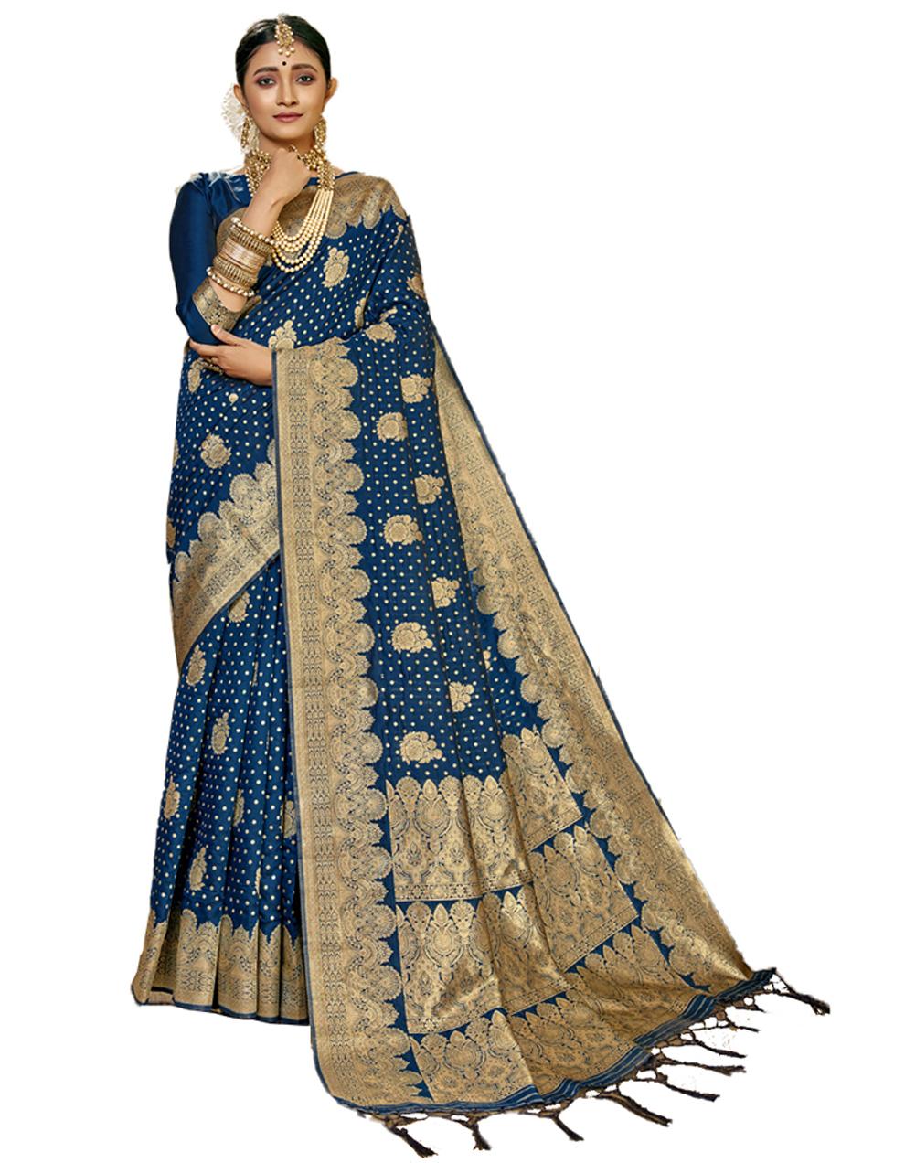 Navy blue Banarasi Silk Saree With Blouse SD24183