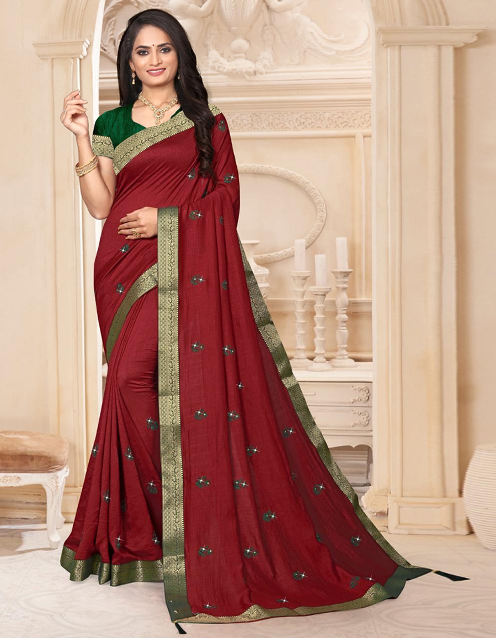 Maroon Vichitra silk Saree With Blouse IW24450