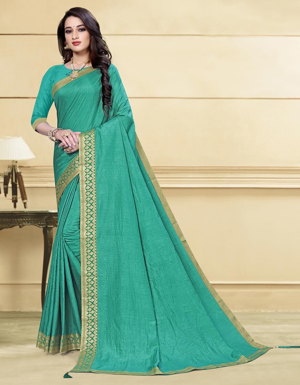 Turquoise Green Vichitra Silk Saree With Blouse IW27000