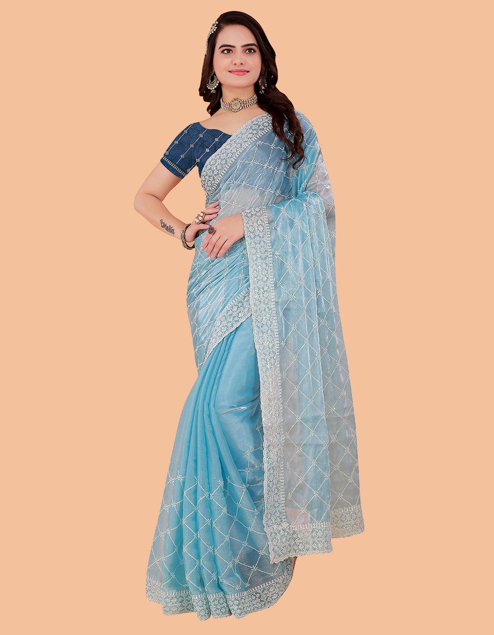 blue Organza Saree for Women With Blouse SD29124